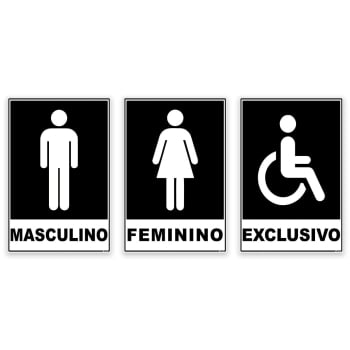 Kit 3 Placas Banheiro Masculino Feminino Cadeirante 20x15cm