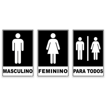 Kit 3 Placas Banheiro Masculino Feminino Para Todos 20x15cm